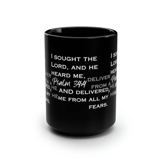 I Sought the Lord Black Mug, 15oz