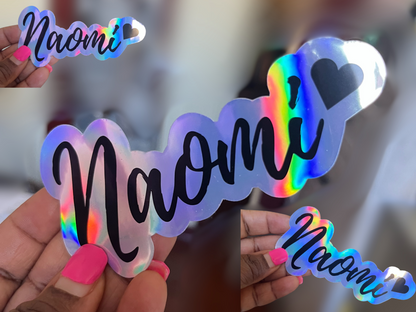 Naomi Kisses Name Holographic Vinyl Decal for Water Bottles, Laptop, Personalized Name Sticker for School Labels, Cute Tumbler Sticker, Custom Name