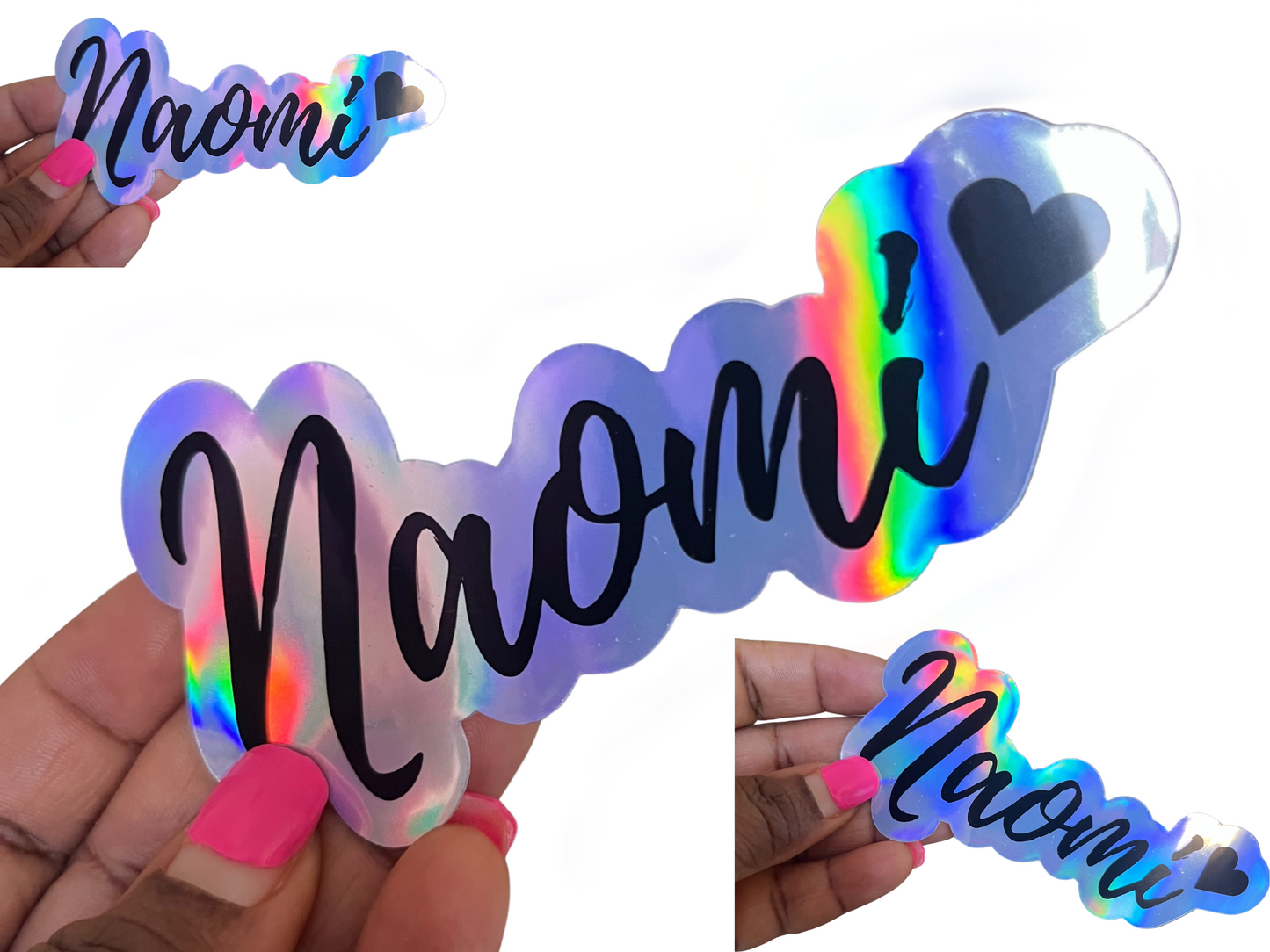 Naomi Kisses Name Holographic Vinyl Decal for Water Bottles, Laptop, Personalized Name Sticker for School Labels, Cute Tumbler Sticker, Custom Name