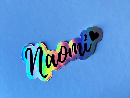 Naomi Kisses Name Holographic Vinyl Decal for Water Bottles, Laptop, Personalized Name Sticker for School Labels, Cute Tumbler Sticker, Custom Name