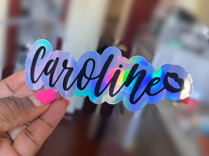 Caroline Heart  Holographic Name Vinyl Decal for Water Bottles, Laptop, Personalized Name Sticker for School Labels, Cute Tumbler Sticker, Custom Name
