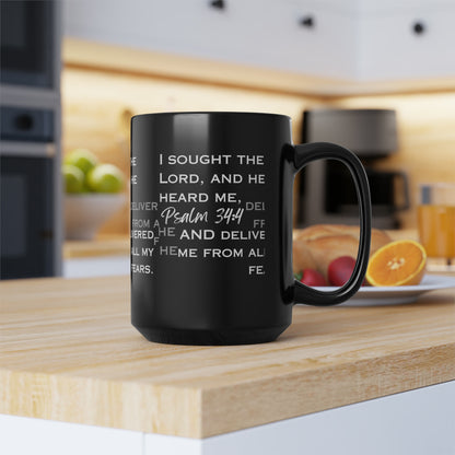 I Sought the Lord Black Mug, 15oz